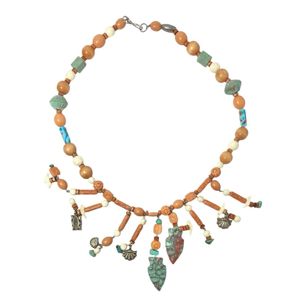 Navajo-Style Native Tribal Santo Domingo Wood Metal Bead Large Bulky Necklace